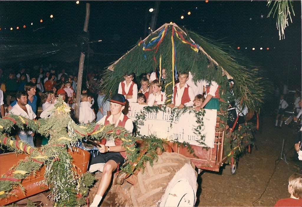 Carroça coberta de folhagem com pessoas em trajes típicos em desfile noturno